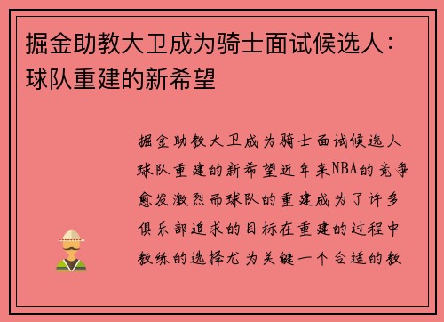 掘金助教大卫成为骑士面试候选人：球队重建的新希望