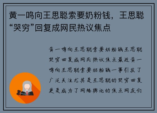 黄一鸣向王思聪索要奶粉钱，王思聪“哭穷”回复成网民热议焦点